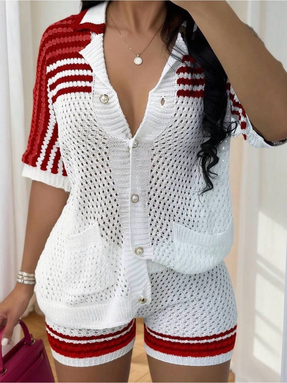 SHEIN White and Red Knit Button-Up Short Set
